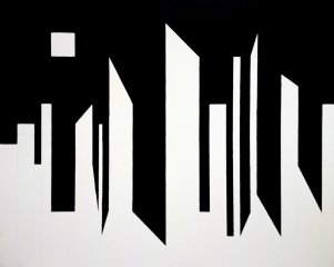 kompozycja miejska z księżycem w kwadrze